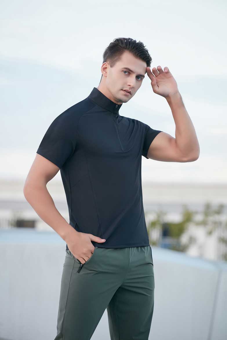 HRDT23201-Summer quick-drying T-shirt for men.Stand collar half-zip men's fitness clothing, loose and casual for running and training